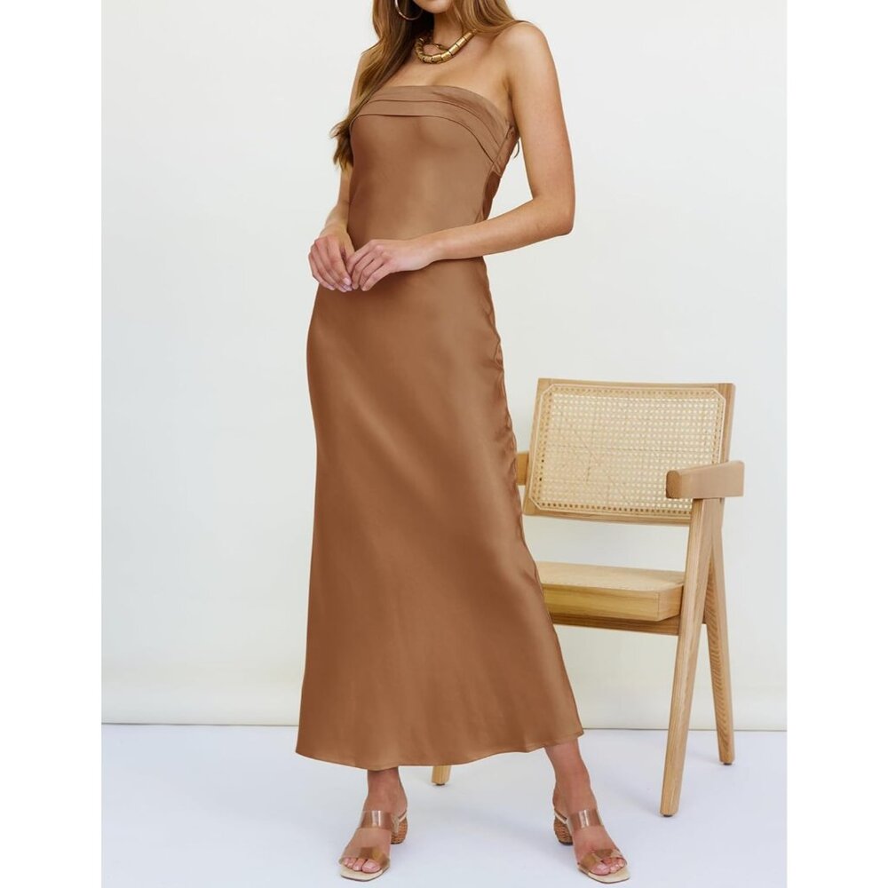 Women's Brown Cocktail Satin Strapless Tube Bodycon Backless Party Maxi Dress - Picture 6 of 7